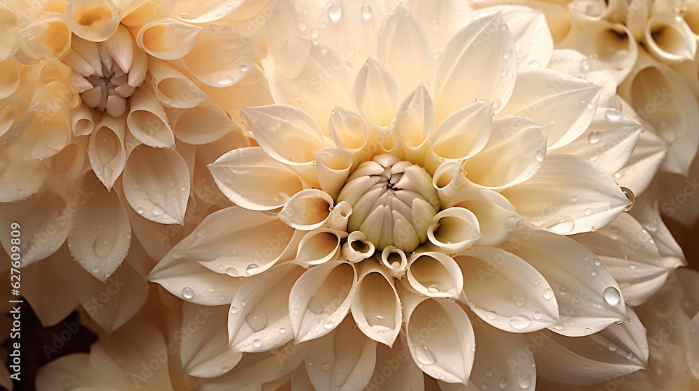 Creamy Dahlia flowers with water drops background. Closeup of delicate blossom with glistening dropl