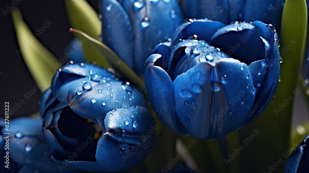 Blue Tulips flowers with water drops background. Closeup of blossom with glistening droplets. Genera