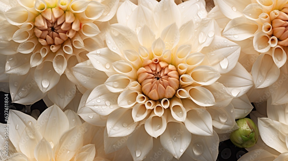 Creamy Dahlia flowers with water drops background. Closeup of delicate blossom with glistening dropl