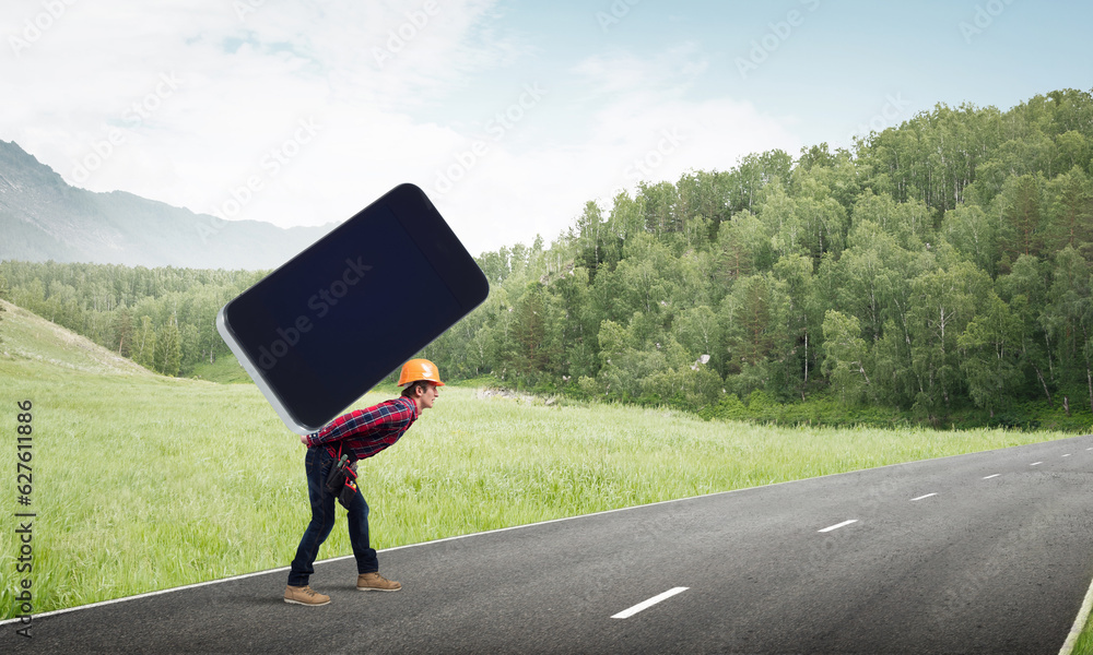 Builder man carry huge smartphone