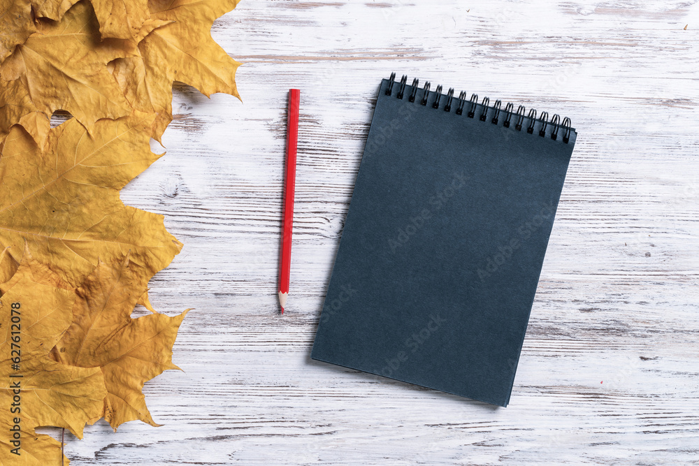 Spiral notepad and pen lies on vintage wooden desk