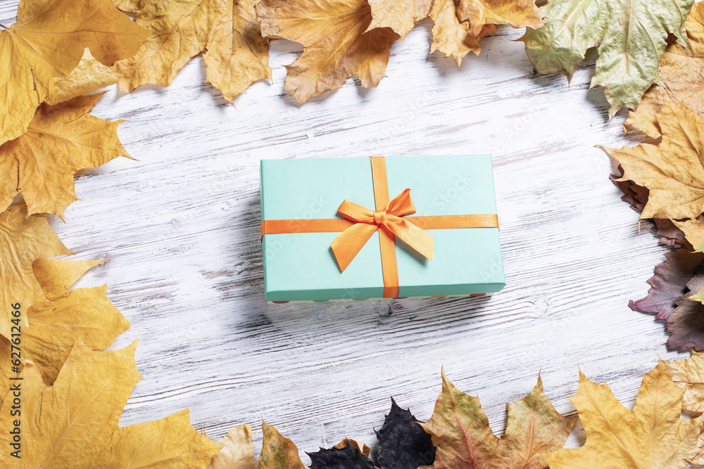 Bright autumn composition with gift box