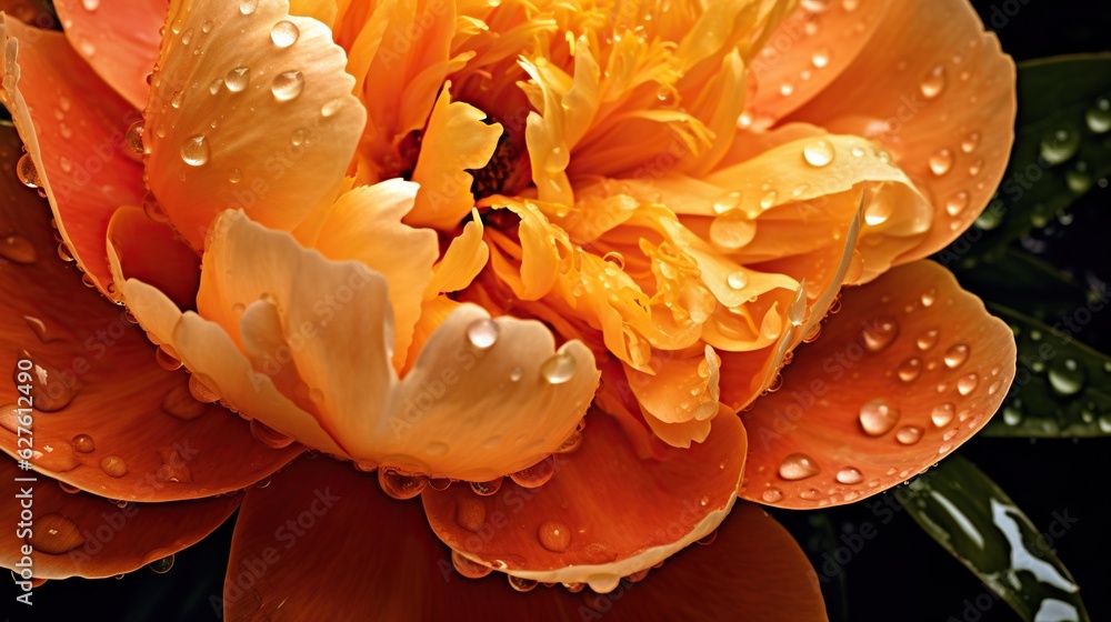 Orange Peony flowers with water drops background. Closeup of blossom with glistening droplets. Gener