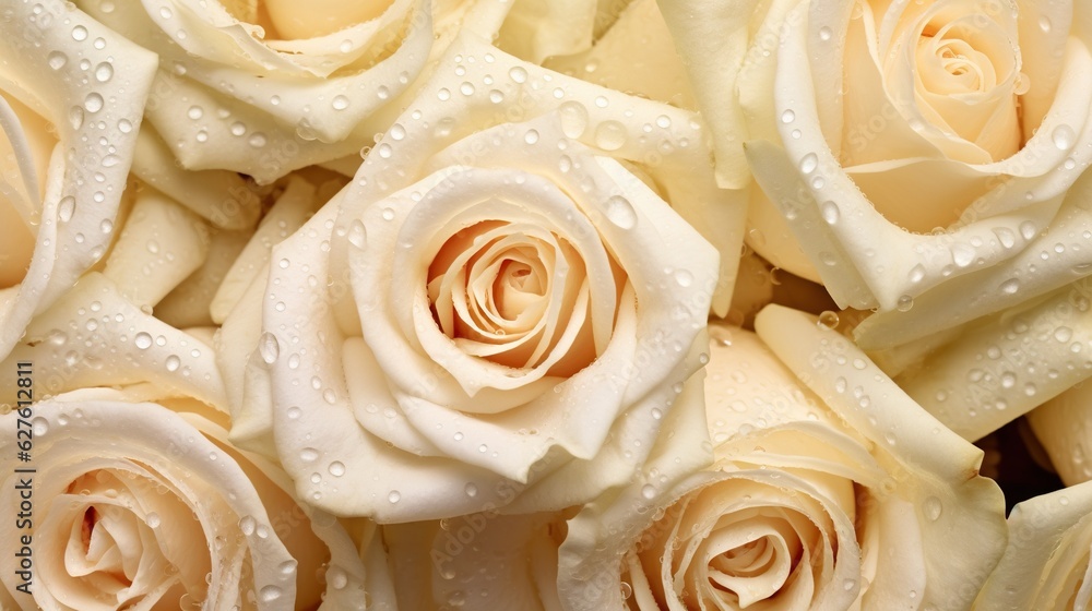 Creamy Roses flowers with water drops background. Closeup of blossom with glistening droplets. Gener