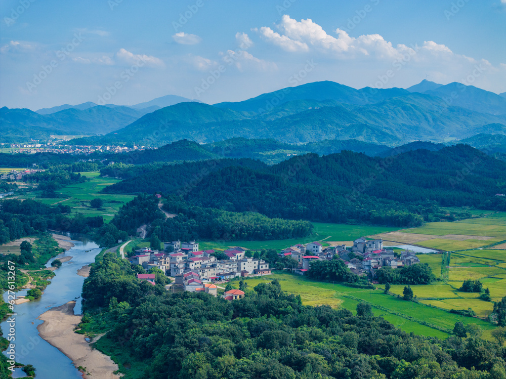 Overlook of Chinese rural houses and river scenery,Aerial photography of pastoral scenery in Jiangxi