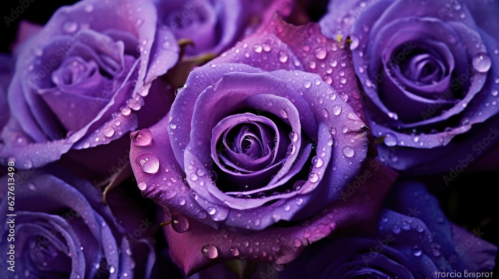 Purple Roses flowers with water drops background. Closeup of blossom with glistening droplets. Gener