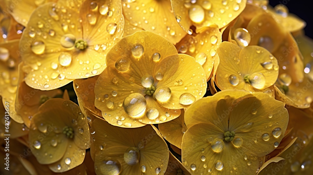 Yellow Hydrangeas flowers with water drops background. Closeup of blossom with glistening droplets. 