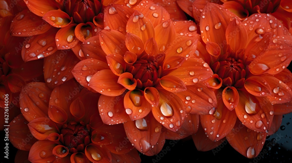 Orange Dahlia flowers with water drops background. Closeup of delicate blossom with glistening dropl