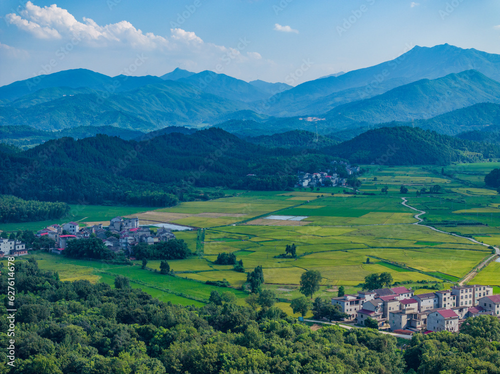 Overlook of Chinese rural houses and river scenery,Aerial photography of pastoral scenery in Jiangxi