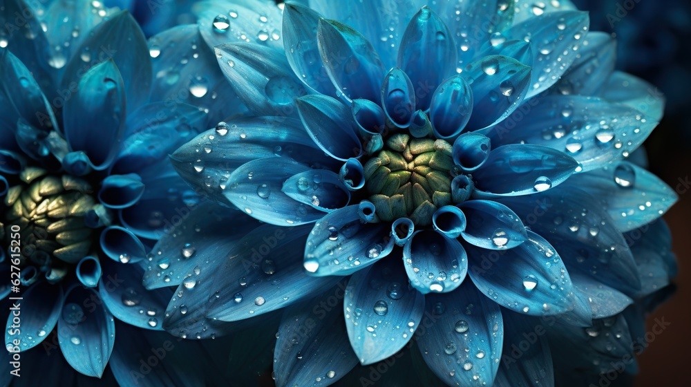 Blue Dahlia flowers with water drops background. Closeup of delicate blossom with glistening droplet