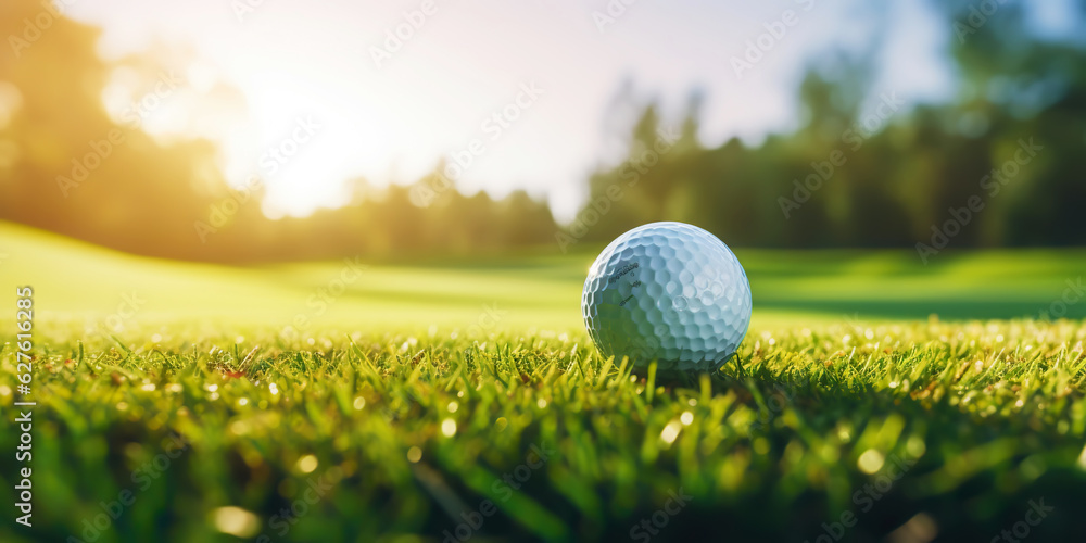 Close-up of golf ball on green grass of golf course, sunny day, blurred backdrop. Generative AI