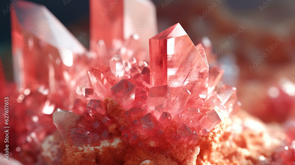 Amazing bright and shiny Rhodochrosit crystal cluster background. Jewel mineral detailed macro. Gene