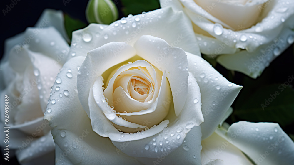 White Roses flowers with water drops background. Closeup of blossom with glistening droplets. Genera