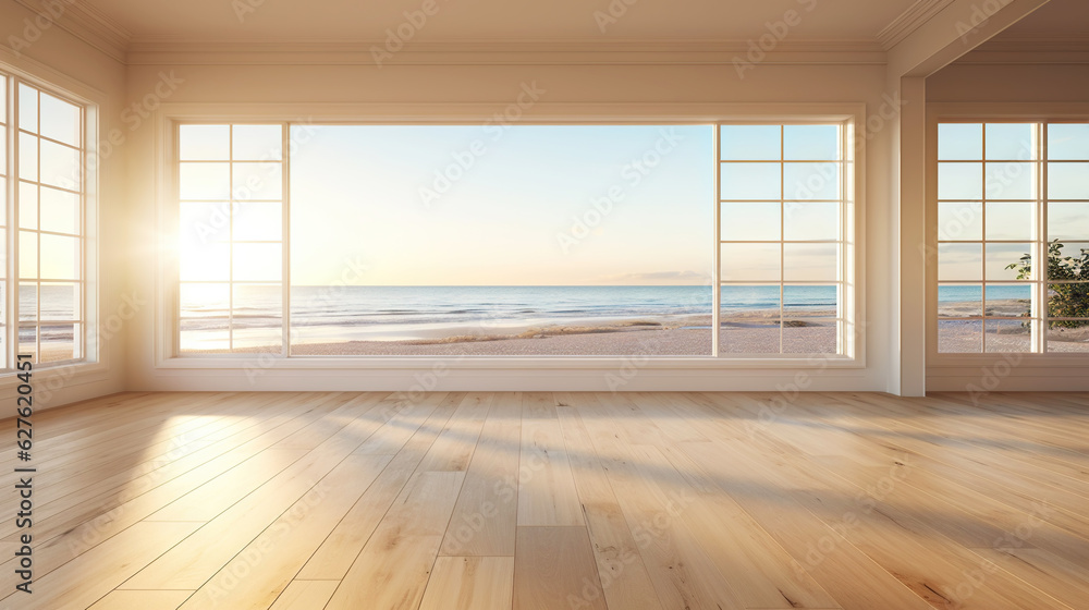 Empty apartment room with wooden floor of beach house. Sea view from windows. Copy space. Generative