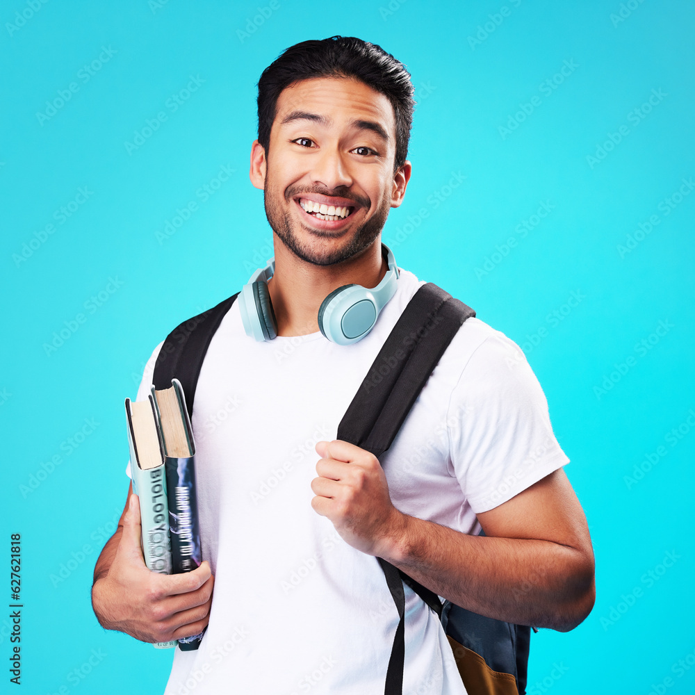 Indian, college student and portrait in studio with backpack for university, education and studying 