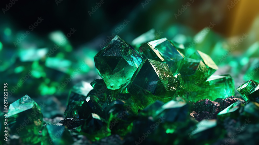 Amazing bright and shiny Uvarovite crystal cluster background. Jewel mineral detailed macro. Generat