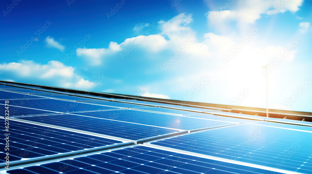 Closeup of Solar panels against blue sky with clouds. Solar energy generation. Renewable energetics.