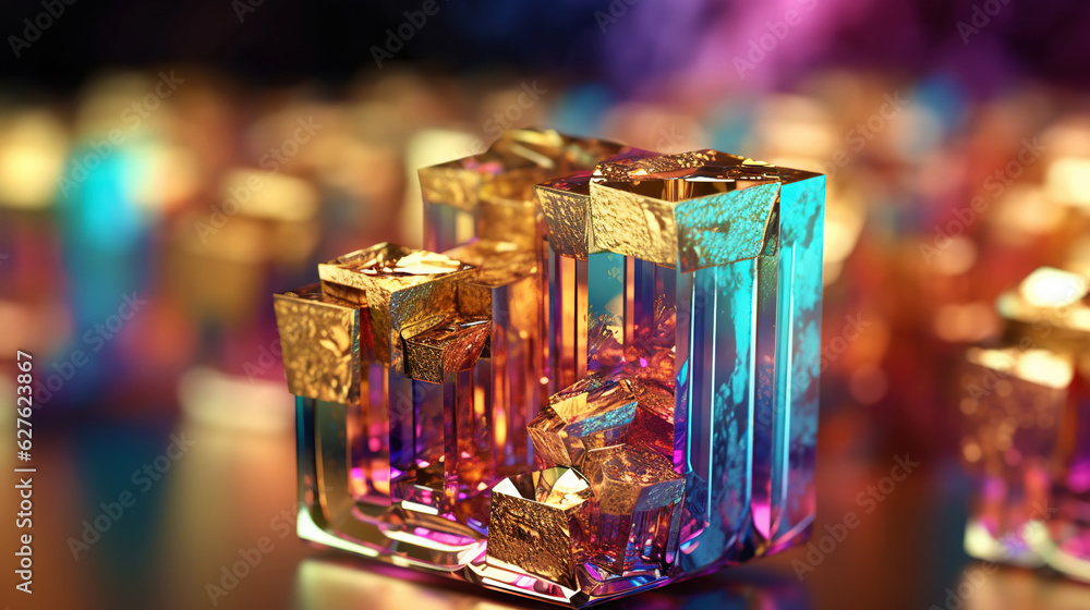 Amazing bright and shiny Bismuth crystal cluster background. Jewel mineral detailed macro. Generativ