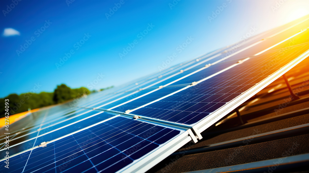 Closeup of Solar panels against blue sky with clouds. Solar energy generation. Renewable energetics.