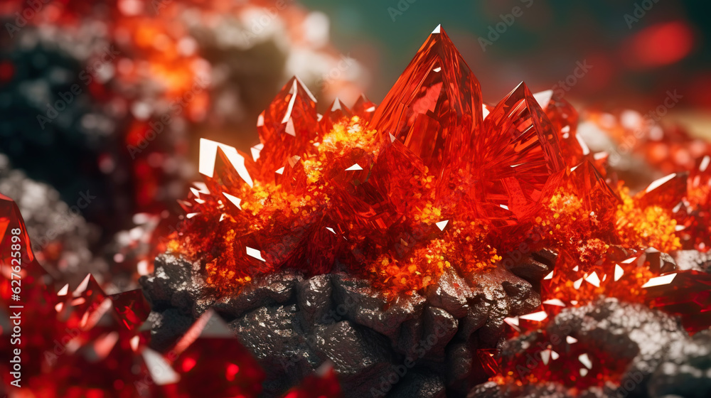 Amazing bright and shiny Crocoite crystal cluster background. Jewel mineral detailed macro. Generati