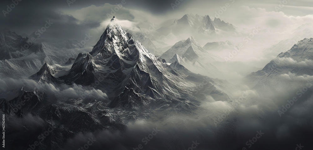 Dramatic snow-capped mountains landscape. Clouds and fog covers stone slopes. Generative AI