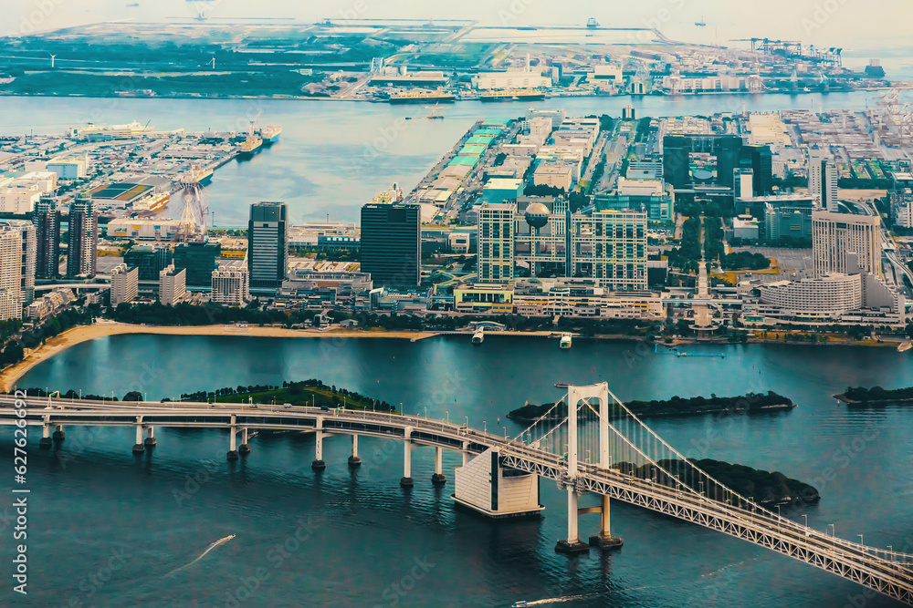 Aerial view of the Rainbow Bridge in Odaiba, Tokyo, Japan