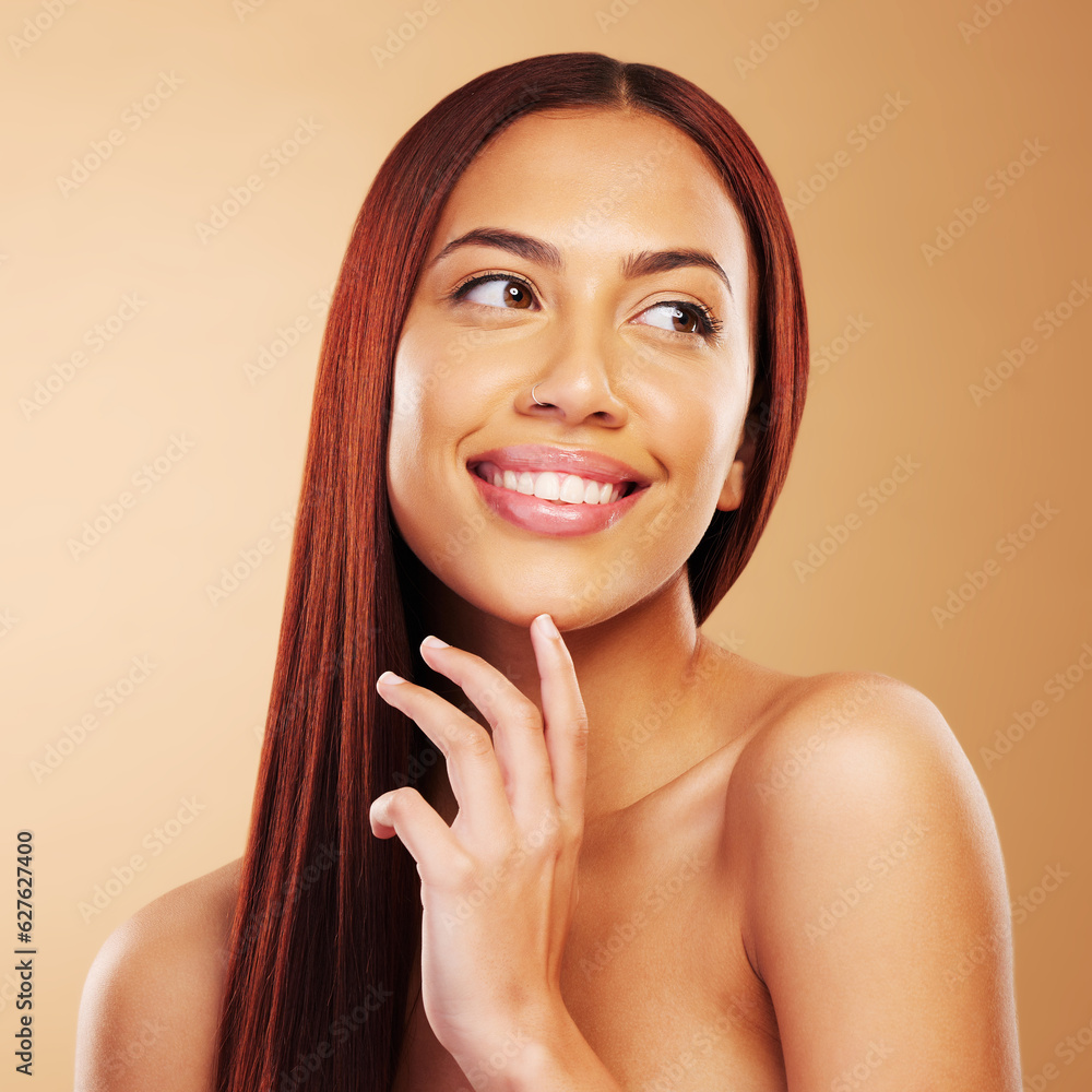 Hair care, beauty and portrait of happy woman with glow, hand on skin and luxury salon treatment on 