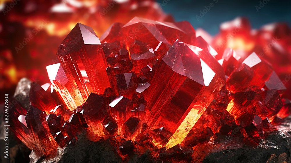 Amazing bright and shiny Realgar crystal cluster background. Jewel mineral detailed macro. Generativ