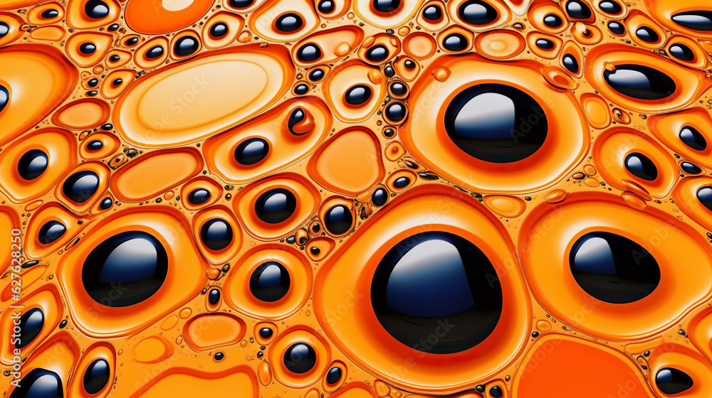 Abstract black paint drops mixed in orange oil background. Non-mixing fluids pattern. Generative AI