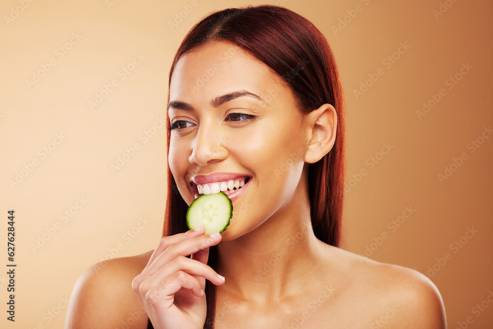 Thinking, cucumber and woman with skincare, dermatology and cosmetics on a brown studio background. 