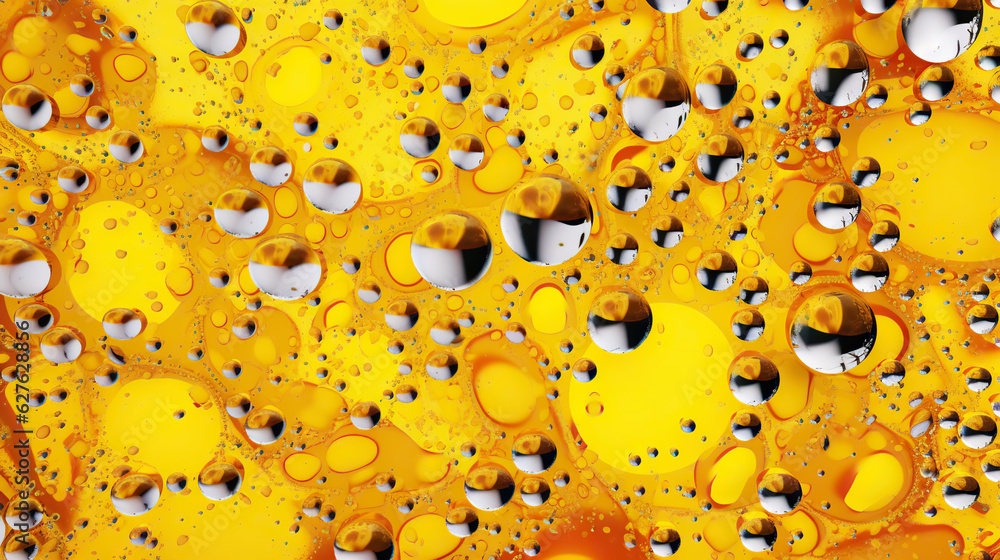 Abstract yellow paint drops mixed in white oil background. Non-mixing fluids pattern. Generative AI