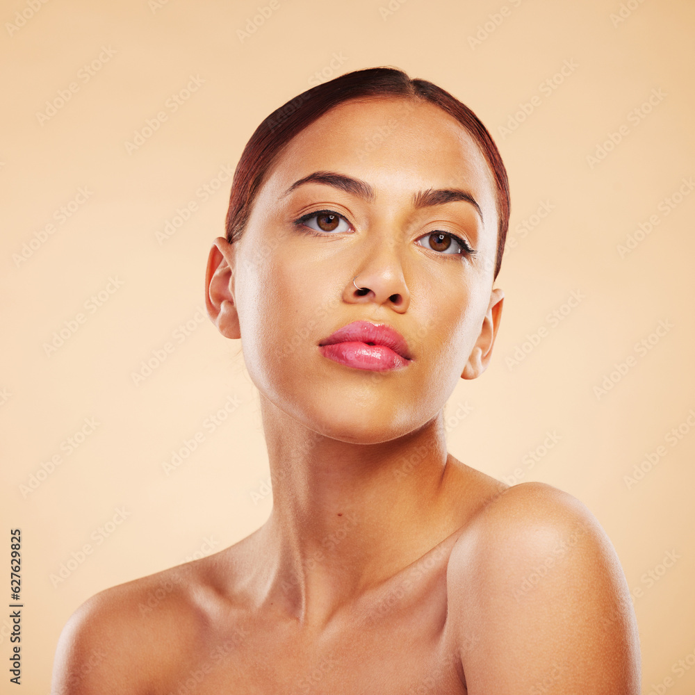 Portrait, dermatology and woman with skincare, cosmetics and luxury against a brown studio backgroun