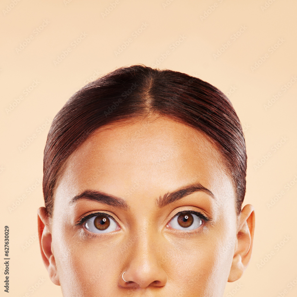 Face, skincare mockup or eyes of woman in studio isolated on beige background for beauty aesthetic. 