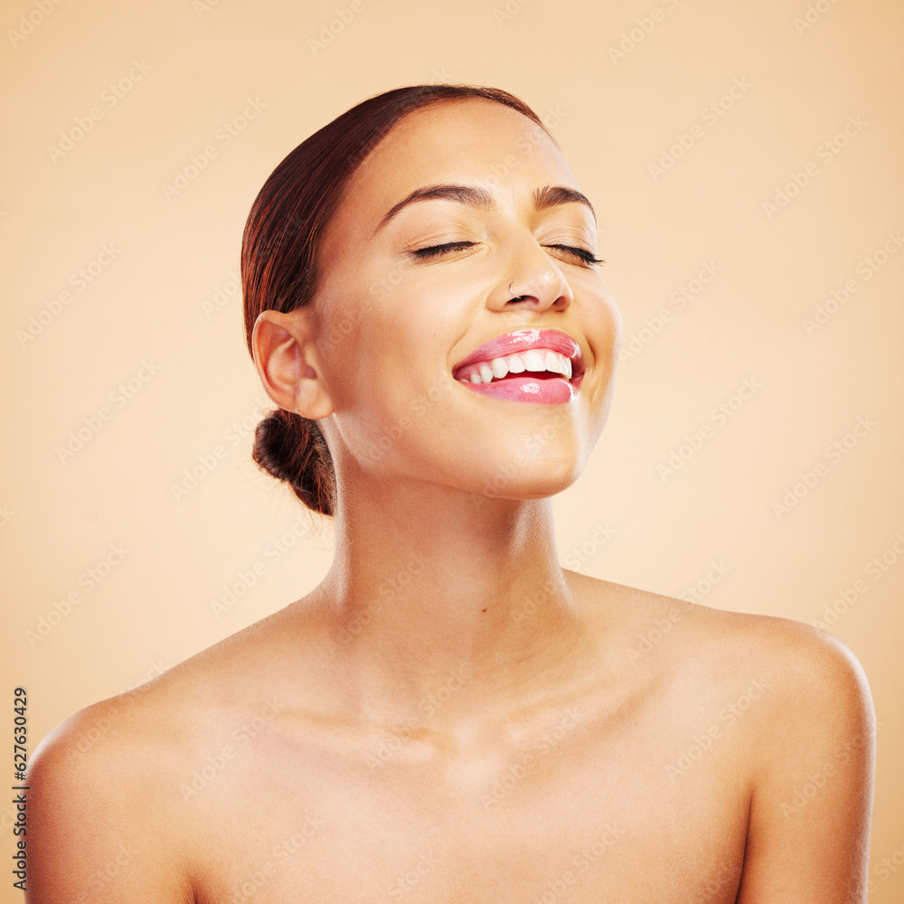 Skincare, beauty and happy woman with eyes closed in studio isolated on a brown background. Face, ma