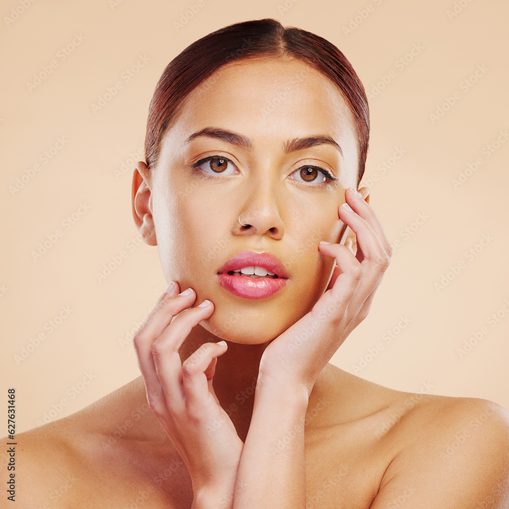 Portrait, skincare and woman with cosmetics, dermatology and luxury against a brown studio backgroun