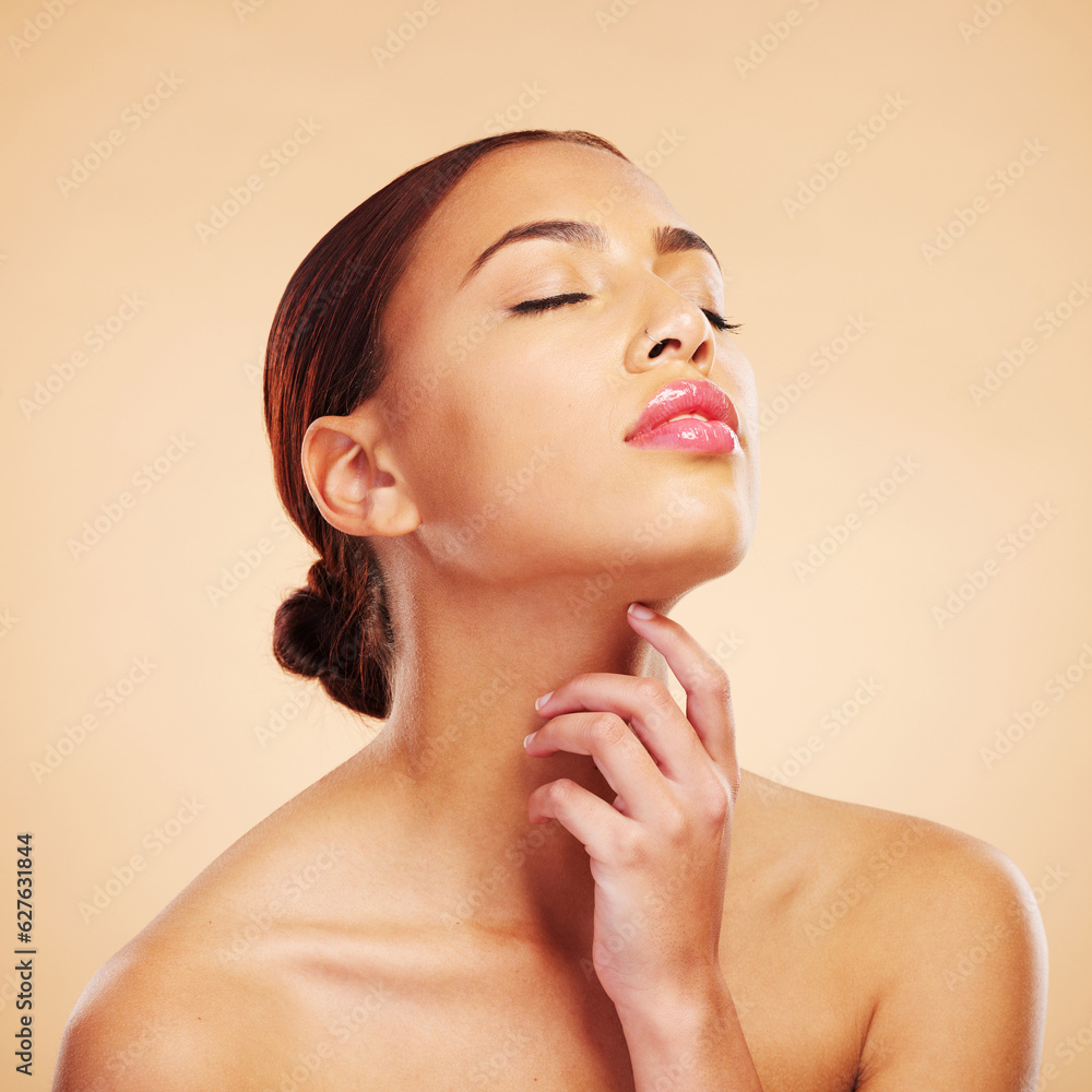 Face, relax or woman with natural beauty in studio isolated on brown background for wellness or glow