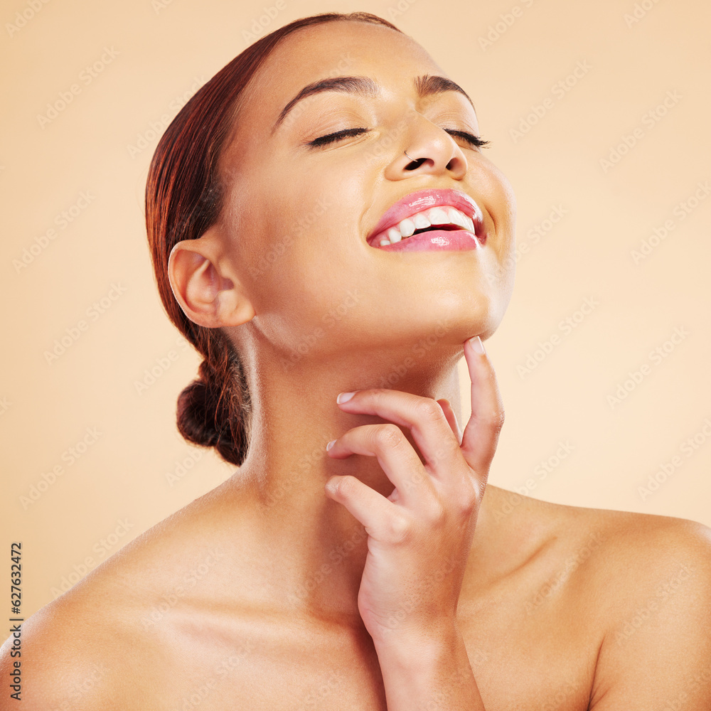 Skincare, beauty and happy woman with eyes closed in studio isolated on a brown background. Face, ma