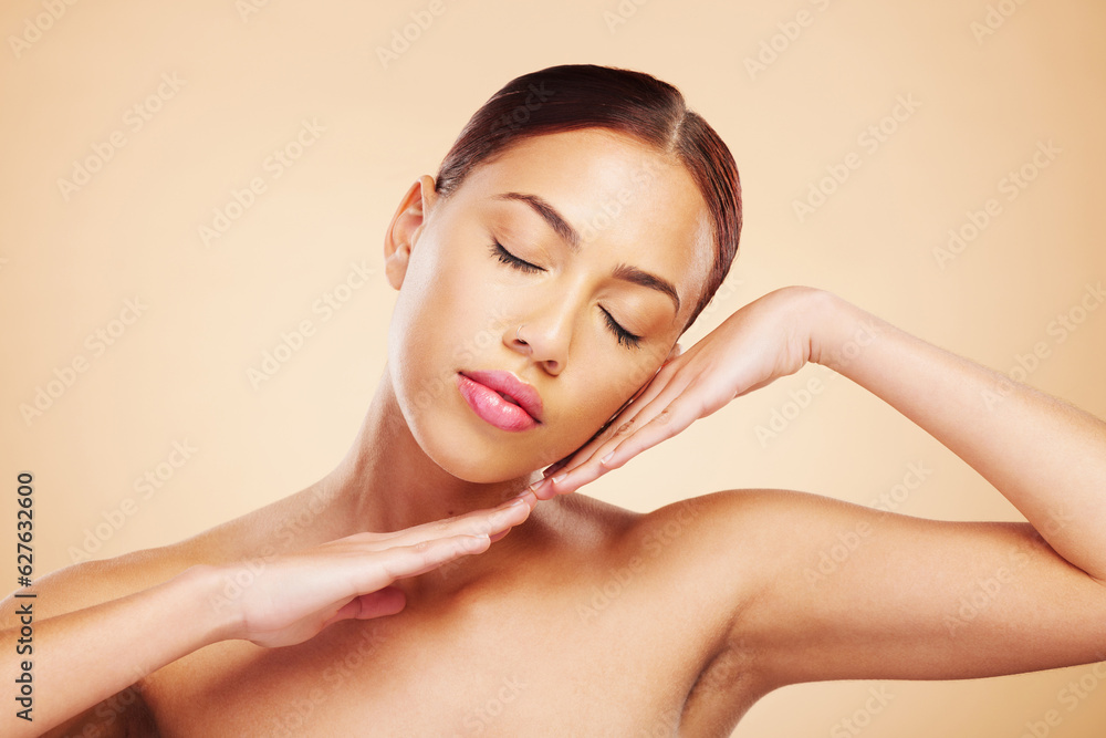 Face, calm or woman with natural beauty in studio isolated on brown background for wellness or glow.