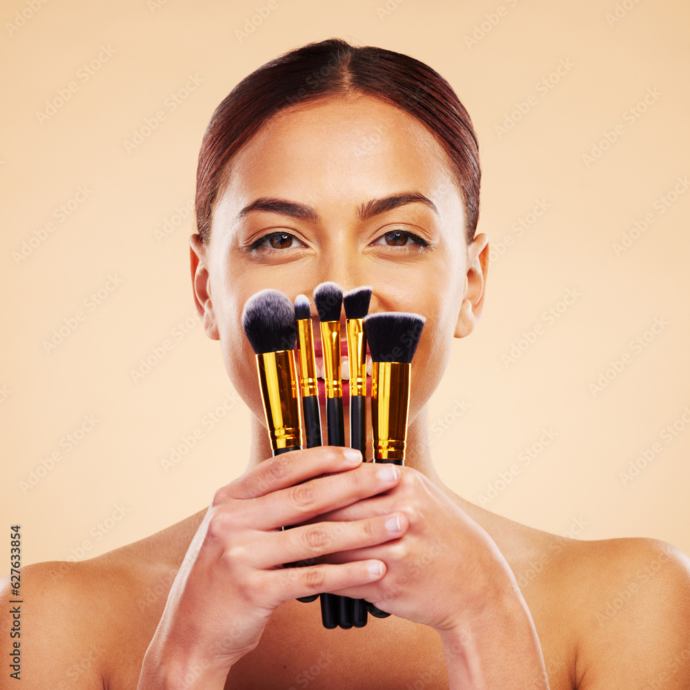 Makeup, brush and portrait of woman with cosmetic beauty product for skincare isolated in a studio b