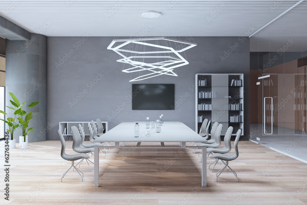 Clean loft meeting room interior with furniture, equipment, various other objects and daylight. 3D R