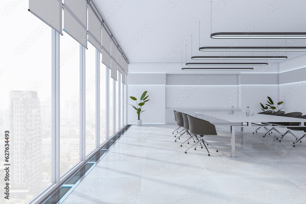 Side view of modern grey meeting room interior with office desk and chairs, plant, panoramic window 