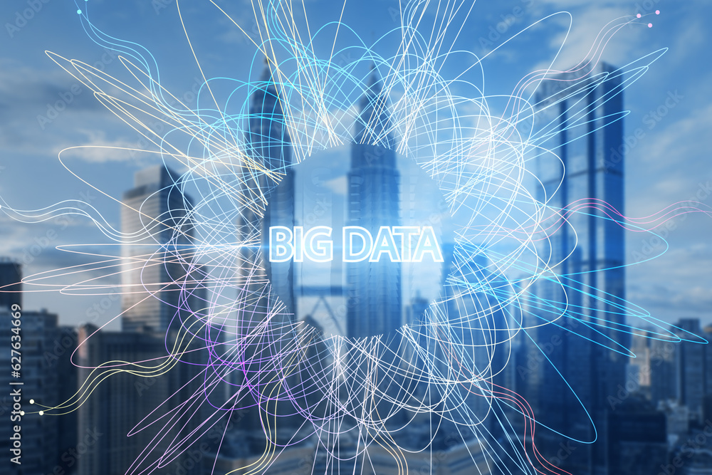 Abstract big data waves on blurry city backdrop. Technology, AI and future concept. Double exposure.