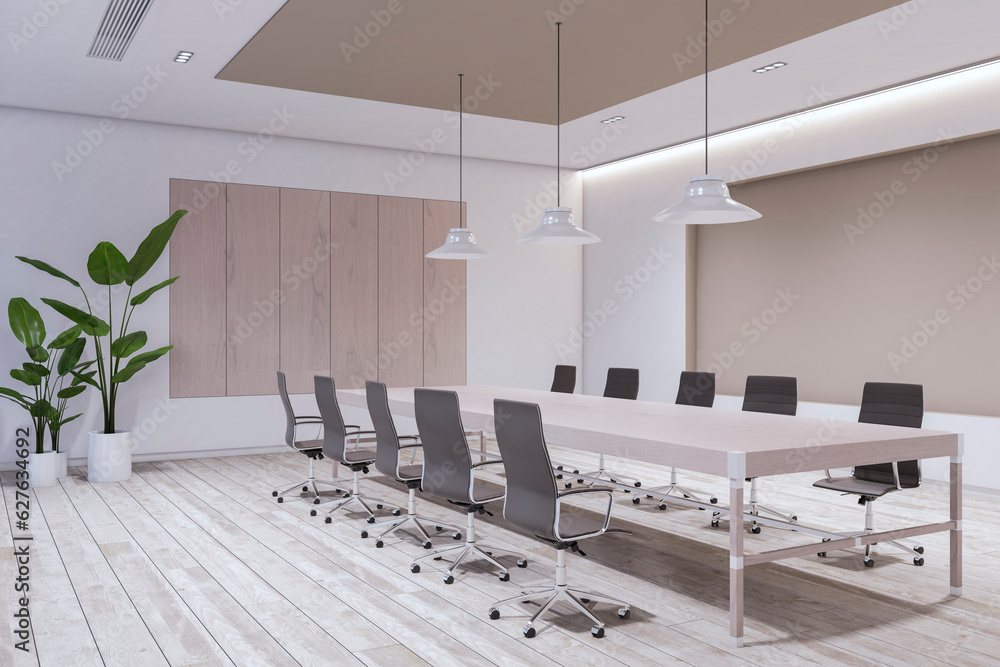 Perspective view of modern empty boardroom interior with office desk and chairs, white walls and woo