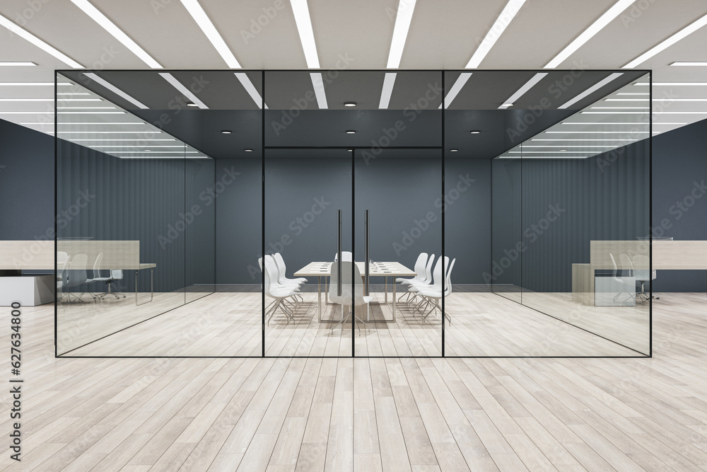 Front view of modern empty office corridor with futuristic design meeting room surrounded by glasses