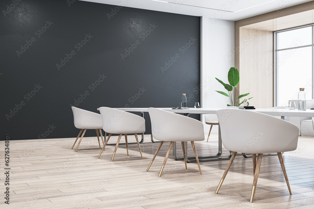 Perspective view of modern empty conference room with white office desk and chairs, black wall, wood