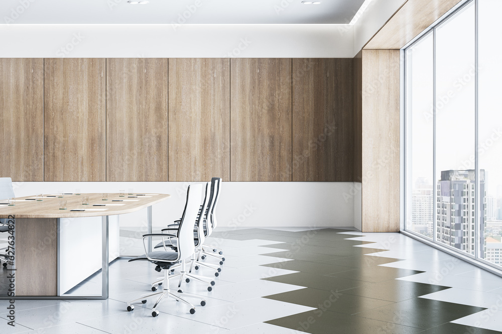 Empty modern conference room with office desk and chairs, wooden wall and window. 3D Rendering