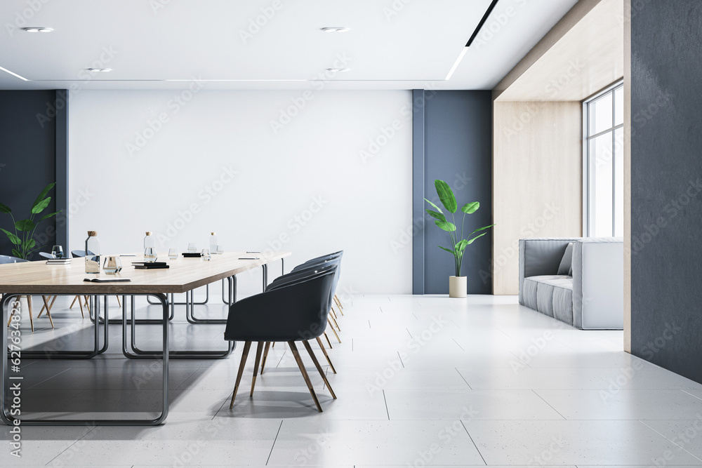 Side view of modern empty conference room with wooden office desk and chairs, white wall and tiles f