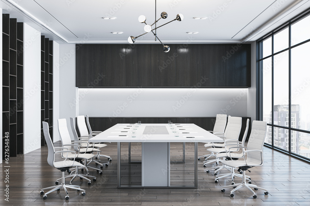 Front view of modern empty meeting room interior with office table and chairs, window, wooden floor 