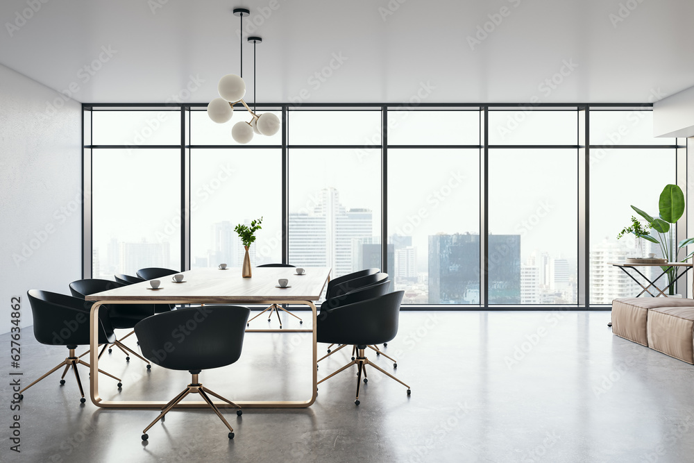 Side view of modern luxury meeting room interior with office desk and chairs, panoramic window, whit