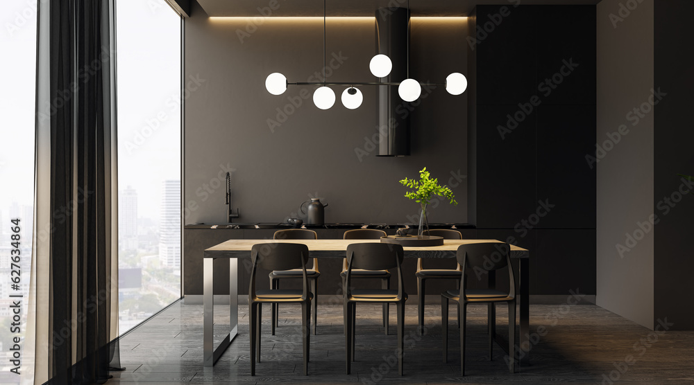 Modern dark kitchen with window and city view, furniture. Interior design concept. 3D Rendering.